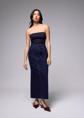 Denim Mid Waist A-line Maxi Skirt