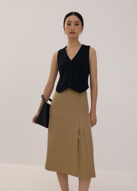 Pleated High Waist Column Midi Skirt