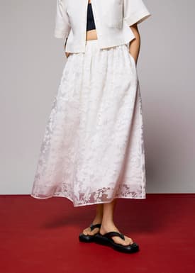 Elastic Jacquard High Waist Flare Maxi Skirt
