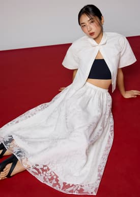 Elastic Jacquard High Waist Flare Maxi Skirt