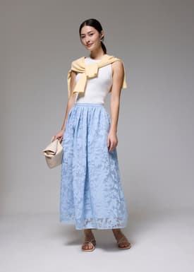Elastic Jacquard High Waist Flare Maxi Skirt