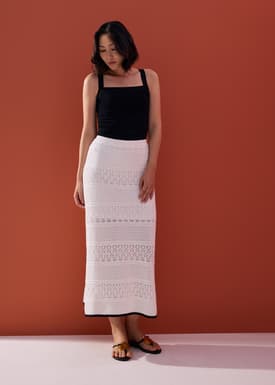 Pointelle Contrast Knit High Waist Column Midaxi Skirt
