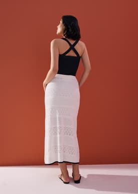 Pointelle Contrast Knit High Waist Column Midaxi Skirt
