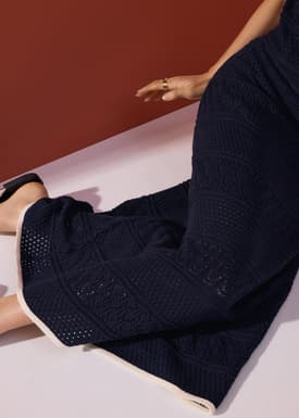 Pointelle Contrast Knit High Waist Column Midaxi Skirt