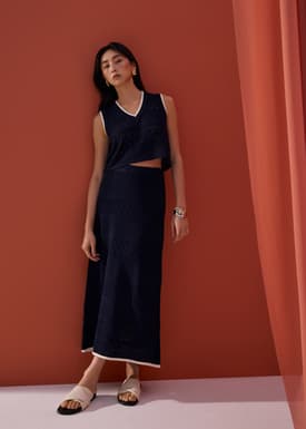 Pointelle Contrast Knit High Waist Column Midaxi Skirt