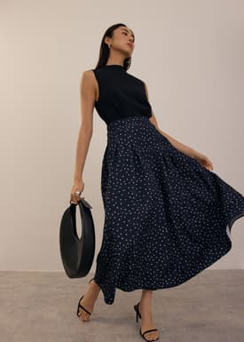 Elastic Crinkled Polka Dot Midaxi Skirt