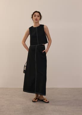 Elastic Contrast Stitch High Waist A-line Maxi Skirt