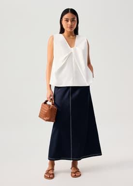 Elastic Contrast Stitch High Waist A-line Maxi Skirt
