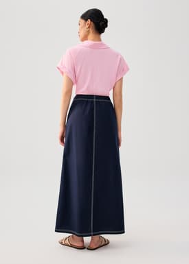 Elastic Contrast Stitch High Waist A-line Maxi Skirt