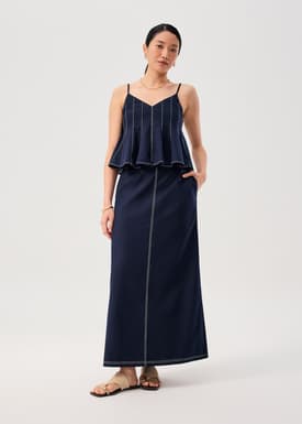 Elastic Contrast Stitch High Waist A-line Maxi Skirt