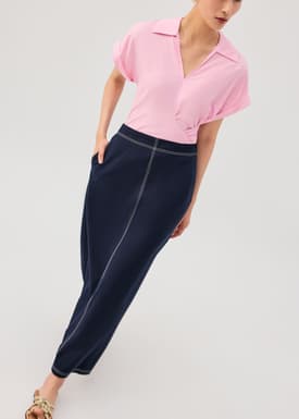 Elastic Contrast Stitch High Waist A-line Maxi Skirt