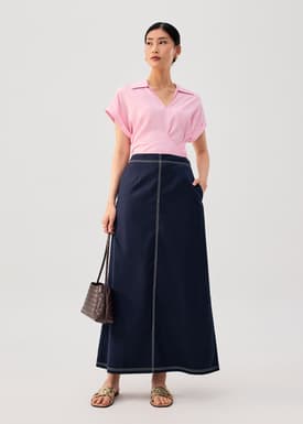 Elastic Contrast Stitch High Waist A-line Maxi Skirt