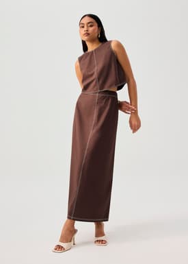 Elastic Contrast Stitch High Waist A-line Maxi Skirt