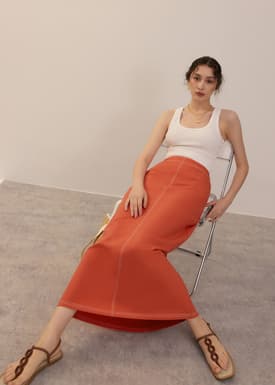 Elastic Contrast Stitch High Waist A-line Maxi Skirt