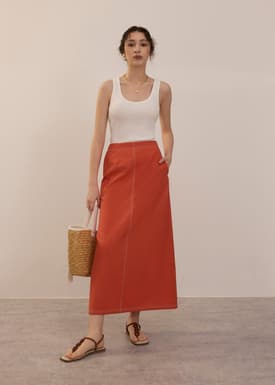 Elastic Contrast Stitch High Waist A-line Maxi Skirt