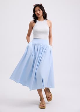 Cotton High Waist Flare Midaxi Skirt
