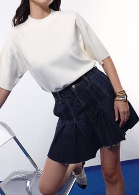 Contrast Stitch Denim Pleated High Waist A-line Mini Skirt