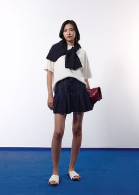 Contrast Stitch Denim Pleated High Waist A-line Mini Skirt