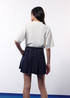 Contrast Stitch Denim Pleated High Waist A-line Mini Skirt
