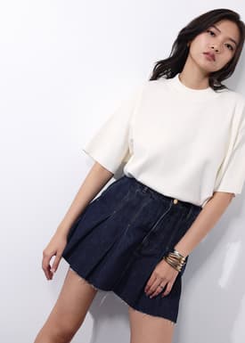 Contrast Stitch Denim Pleated High Waist A-line Mini Skirt