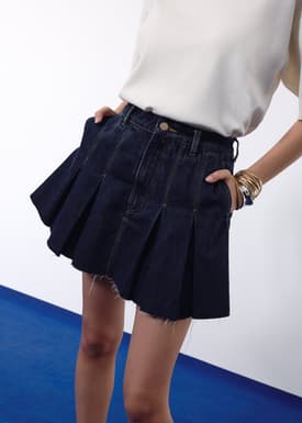 Contrast Stitch Denim Pleated High Waist A-line Mini Skirt
