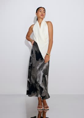 Elastic Satin High Waist Bias Cut Midaxi Skirt