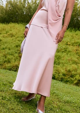 Elastic Satin High Waist Bias Cut Midaxi Skirt