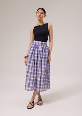 Crinkled Plaid High Waist Flare Midaxi Skirt