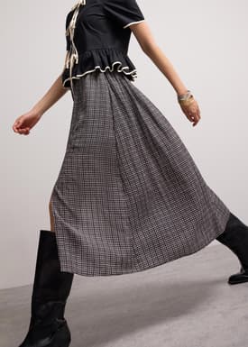Crinkled Check Lyocell High Waist Flare Midaxi Skirt