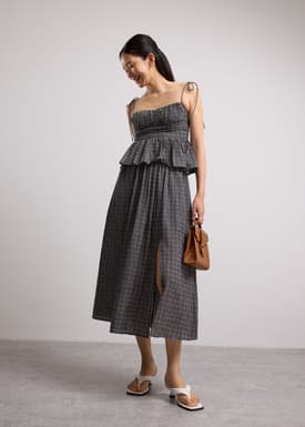 Crinkled Check Lyocell High Waist Flare Midaxi Skirt