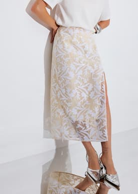 Floral Sequin High Waist Side Slit Column Midaxi Skirt