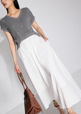 Elastic Cotton High Waist Flare Maxi Skirt