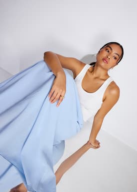 Elastic Cotton High Waist Flare Maxi Skirt