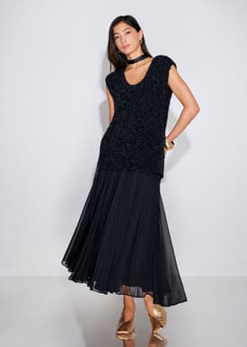 Elastic Pleated Flare Midaxi Skirt