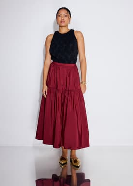 Elastic Tiered High Waist Flare Midaxi Skirt