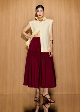 Elastic Tiered High Waist Flare Midaxi Skirt