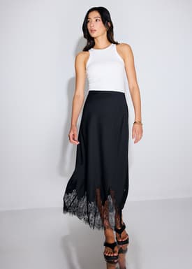 Satin Lace Trim Column Midaxi Skirt