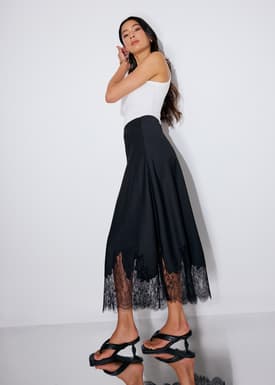 Satin Lace Trim Column Midaxi Skirt