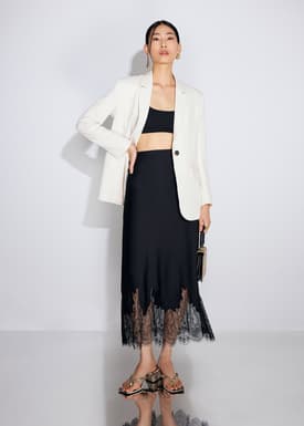 Satin Lace Trim Column Midaxi Skirt