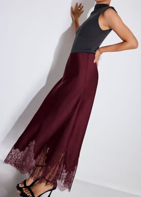 Satin Lace Trim Column Midaxi Skirt