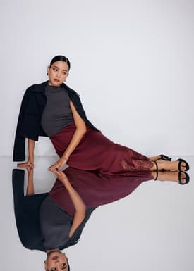 Satin Lace Trim Column Midaxi Skirt