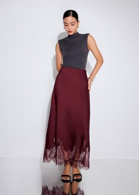 Satin Lace Trim Column Midaxi Skirt