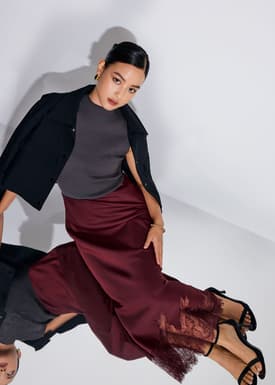 Satin Lace Trim Column Midaxi Skirt