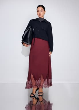Satin Lace Trim Column Midaxi Skirt