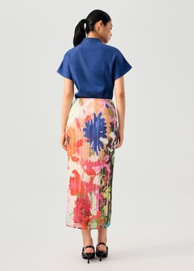 Elastic Georgette Pleated Mid Waist Column Maxi Skirt in Vivid Blooms