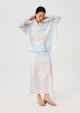 Oversized Sheer Lyocell Collared Poet Sleeve Blouse
