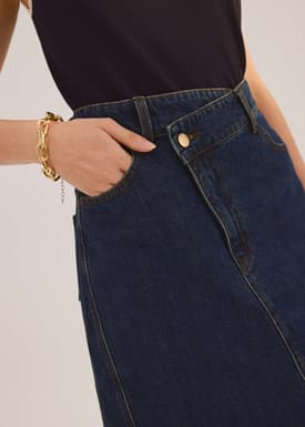 Denim Asymmetric Waistband Front Slit Column Midaxi Skirt