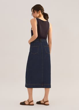 Denim Asymmetric Waistband Front Slit Column Midaxi Skirt