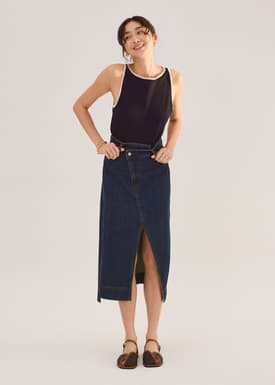 Denim Asymmetric Waistband Front Slit Column Midaxi Skirt