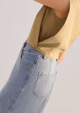 Denim Asymmetric Waistband Front Slit Column Midaxi Skirt